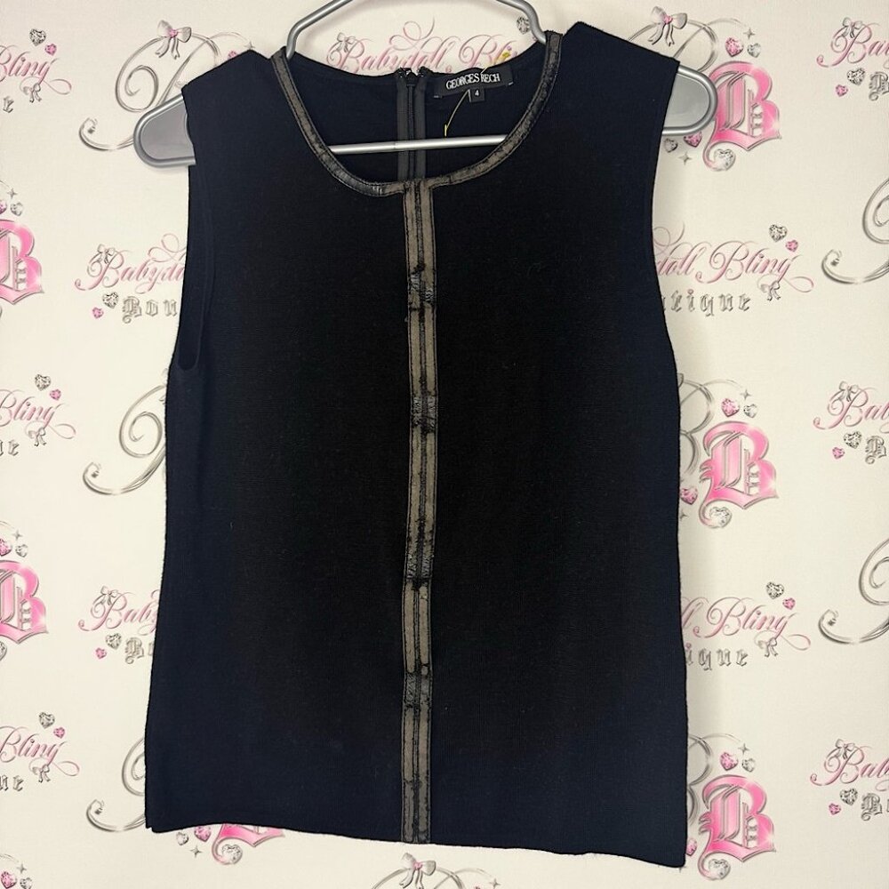 Georges rech Black Sleeveless Top wool soft cozy zipper distressed trim
